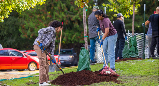 housing volunteers doing yardwork