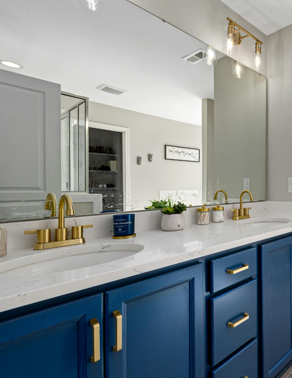 Primarily blue bathroom design.